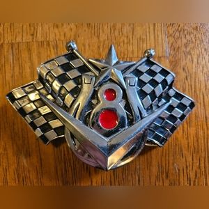 Unisex V8 kar kulture chrome belt buckle checkered flags lucky horseshoe car